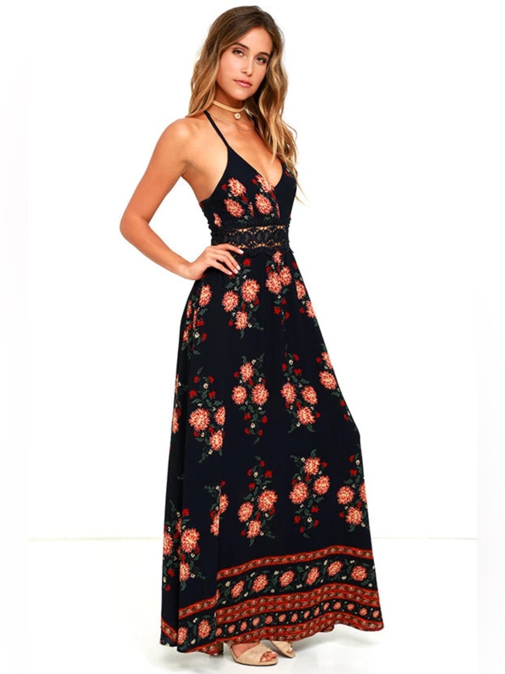 Lulu’s All Dahlia-ed Up Navy Blue Floral Print Maxi Dress